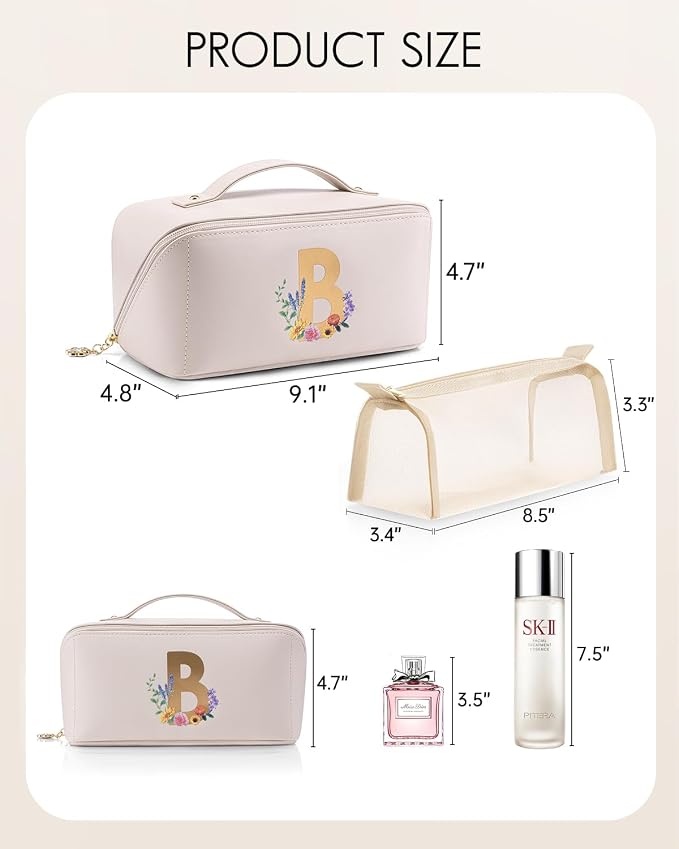 VLANDO Make up Bag with Separate Brush Pouch,Letter B,Off White | PU Leather Monogrammed Cosmetic Bag,Open Flat Toiletry Skincare Organizer,Gifts for Women