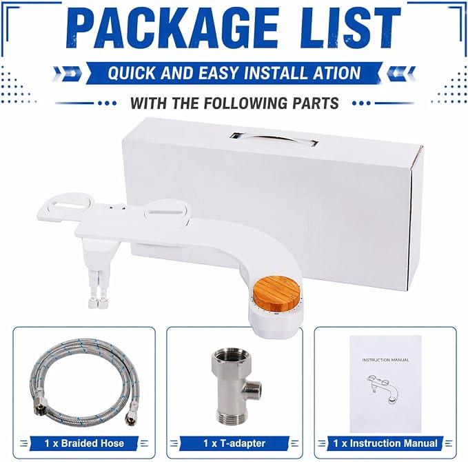 Ultra Slim Toilet Bidet Attachment, Dual Nozzle Front & Rear Wash, Adjustable Cold Water Pressure, Stainless Steel Inlet, Easy to Install Sanitary Toilet Cleansing Accessory