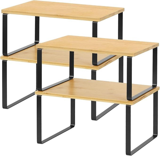 NEX Bamboo Cabinet Organizer Shelf, Kitchen Counter Shelves Set of 4 | Stackable & Expandable Spice Rack, Space-Saving Pantry Organizers Bathroom Countertop Storage, Natural and Black