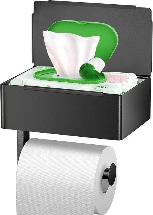 Toilet Paper Holder with Shelf - SUS304 Stainless Steel Toilet Paper Storage with Wipes Dispenser & Toilet Paper Roll Holder Wall Mount for Bathroom Storage, No Drill to Install - Matte Black