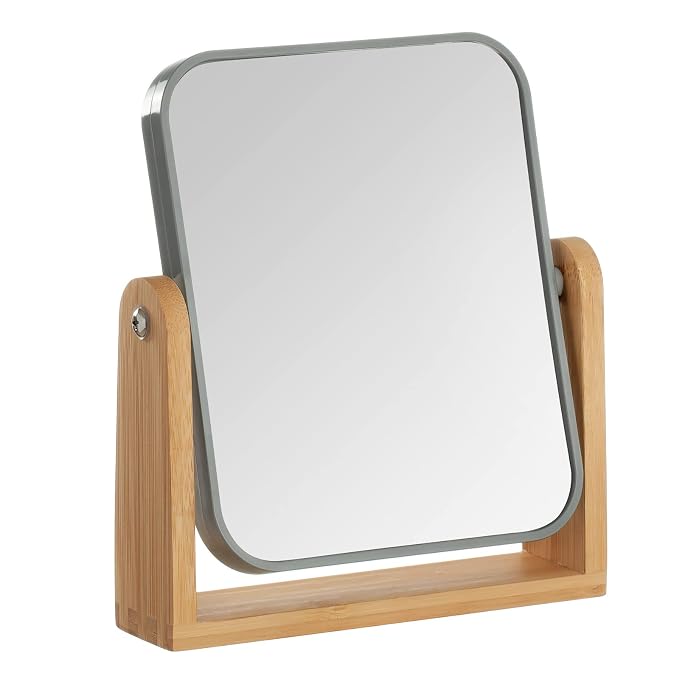 YEAKE Double Sided 3X Magnifying Makeup Mirror with Bamboo Stand,Small Desk Table Mirror with 360° Rotation,Standing Portable Cosmetic Mirror,Good for Shower,Shaving and Traveling-Grey