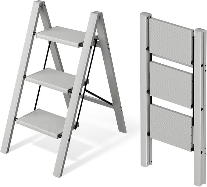 Mayi Plus 3 Step Stool Foldable, Aluminum, Lightweight Step Ladder | Extra-wide anti-slip folding steps with 330 lbs, for home,kitchen,office,outdoor,Grey