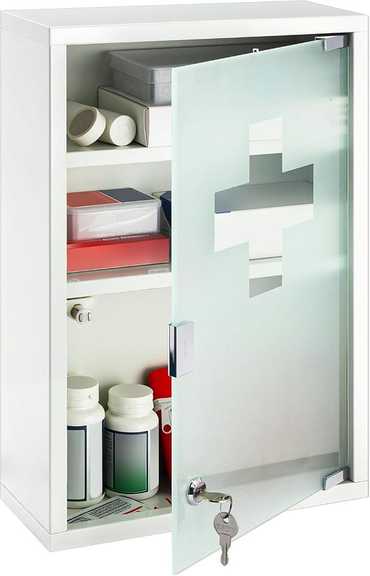 Timgle First Aid Wall Cabinet with Lock Medicine Wall Mounted Bathroom Storage Hanging Medical Cabinet with Safety Glass Door for Bathroom (3 Shelves,White)