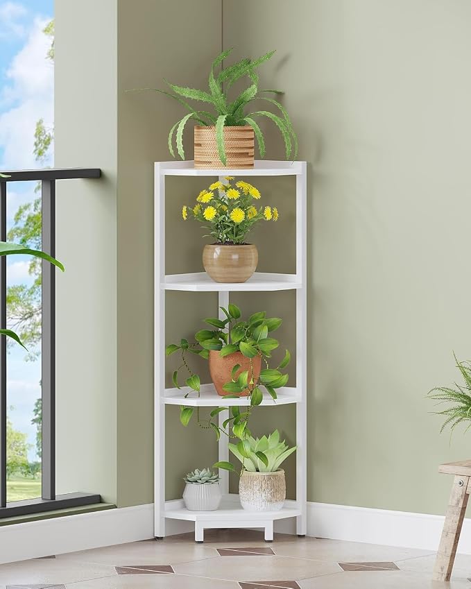 Hzuaneri Corner Shelf Stand 4-Tier Corner Bookshelf Storage Standing Shelf | Bookcase Plant Stand with Metal Frame for Living Room, Home Office, Bedroom, White CS05813W