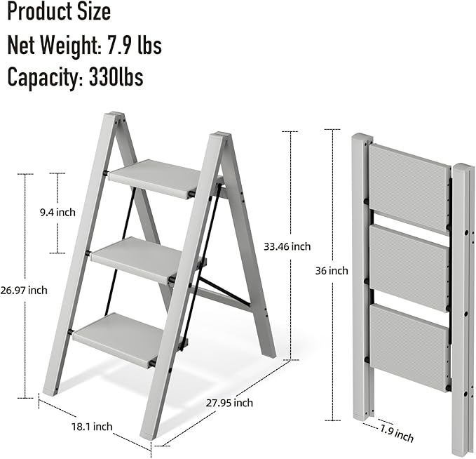 Mayi Plus 3 Step Stool Foldable, Aluminum, Lightweight Step Ladder | Extra-wide anti-slip folding steps with 330 lbs, for home,kitchen,office,outdoor,Grey