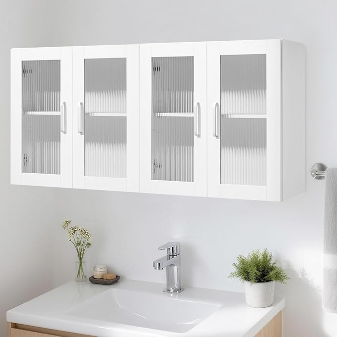 VEVOR Laundry Room Wall Cabinet, 2-Tier Wall Mounted Cabinet with Adjustable Shelf, Cupboard Storage with 4 Doors, for Kitchen, Bathroom, Laundry, Set of 2, Each 12 x 24 x 24 in (D x W x H), White