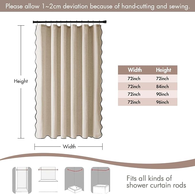 MIULEE 96" Long Beige Scalloped Linen Shower Curtain 72W x 96L | 12 metal hooks, Linen scalloped, waterproof washable, thick heavy cloth, black border, boho farmhouse, bathroom hotel use