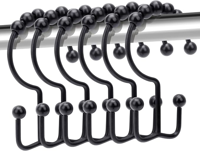 Shower Curtain Hooks,Double Sided Black Shower Curtain Hooks Rust Proof,Set of 12 Stainless Steel Shower Hooks for Both Curtain and Liner(Black E-Hooks)