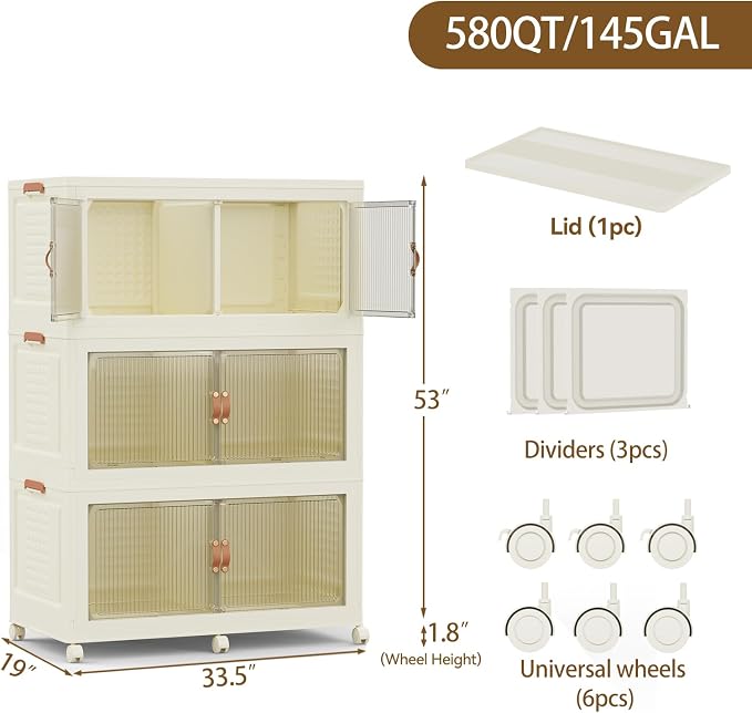 SAILUN 579Qt Stackable Storage Bins,Storage Cabinet with a Lid,3 Pack Cream | Stackable Storage Drawers with Lids,33.5" W x 19" D x 53" H,Featuring open-front Access for Clothes and Closet Storage
