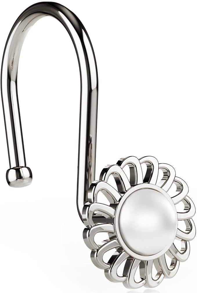 Nickel Shower Curtain Hooks Rings, Decorative Shower Curtain Hangers, Heavy Duty Metal Shower Rings, Sunflower Shower Hooks for Shower Curtain Rod and Liner, Bathroom Curtain Hooks, Set of 12 | Flower curtain hanger, pearl inlaid sunflower design, anti...