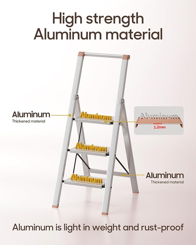 HillhutApex Aluminum 3 Step Ladder, Step Stool Foldable Ladder(Pale Pink) | Stepladder with Handgrip,Anti-Slip Pedals,330lbs Capacity,Lightweight Portable Folding Ladder for Home,Office,Libaray