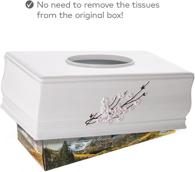 Creative Scents Vanda Rectangle Tissue Box Cover with Bottom Slider | White Tissue Box Holder Rectangular Cherry Blossom Design White Bathroom Accessories Decor