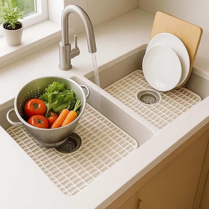 Dependable Industries Inc. Essentials 2 Pack Plastic Sink Protector Mat with Center Drain Cutout Protect Sink and Glasses and Dishes from Scratches and Breaks 12" x 11" Off White (Off White)