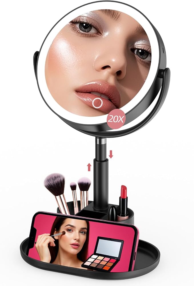 20X Magnifying Mirror with Lights and Storage, Double Sided Vanity Mirror | Rechargeable Makeup Mirror, 3 Color Lighting, Fast Charge and Long-lasting Work, Height Adjustable, Memory Function, Black
