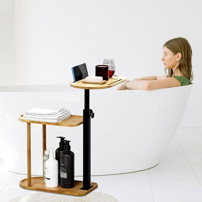 3 Layer Bathtub Tray Table,Bamboo Swivel Bathtub Side Table Height Adjustable,Freestanding Bathtub Tray for Tub Against Wall,Bathtub Accessories&Bathroom Organizer for Luxury Home Spa (Natural)