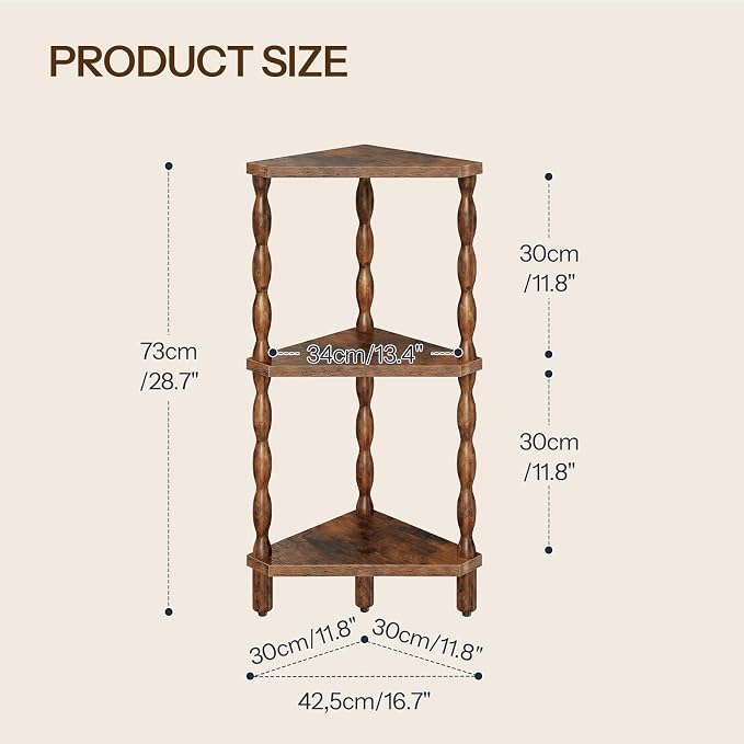 HOOBRO Corner Shelf, 3-Tier Wooden Corner Bookshelf for Small Space, Stylish Corner Storage Display Shelves for Living Room, Kitchen, Office, Rustic Brown FG193CJ01
