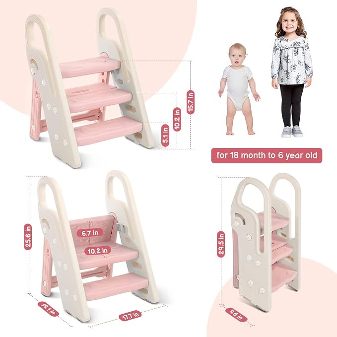 Foldable Toddler Step Stool for Bathroom Sink, Adjustable 3 Step Stool for Kids Toilet Potty Training Stool with Handles, Child Kitchen Counter Stool Helper, Plastic Ladder for Toddlers Pink