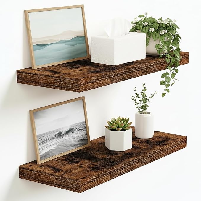 Vivelove Floating Shelves 9 inch Deep 16”Long Set of 2, Rustic Brown | Easy Install With Hardware, 1.5" Thick, Invisible Brackets, Wall Mounted, No Sagging, For Any Room