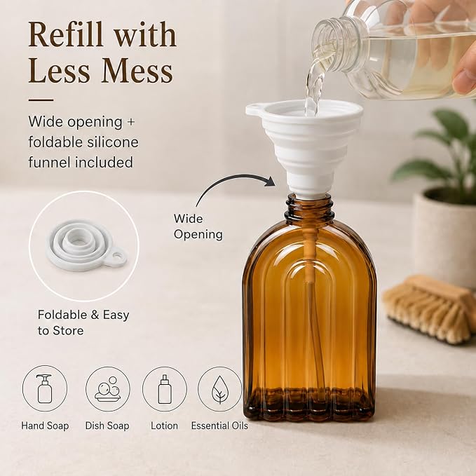 2 Pack Arch Glass Kitchen Soap Dispenser with Acacia Wood Tray, 11oz Amber Rainbow Decorative Hand Soap Dispenser with Rustproof Pump, Refillable Liquid Dispenser for Kitchen, Bathroom, Countertop