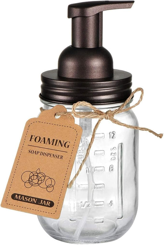 Amolliar Mason Jar Foaming Soap Dispenser, 16oz Glass Dispenser, Bronze | Rustproof Stainless Steel Lid Plastic Soap Pump, Rustic Farmhouse Decor, Refill Foam Hand Soap Dispenser for Bathroom Kitchen