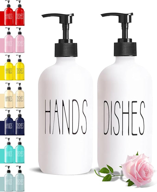 COHOSEGE 16 Oz Glass Soap Dispenser Set 2 Pack for Kitchen Sink,Contains Hand and Dish Soap Dispenser,White Kitchen Utensils