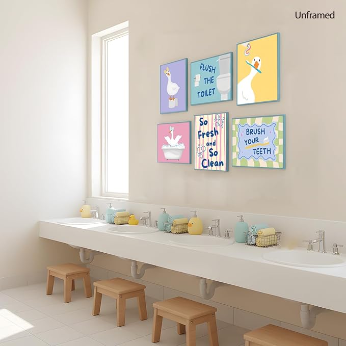 ZYANGZY Cute Kids Bathroom Poster Set of 6, Funny Duck Toilet Wall Art Painting Children's Quotes Bathroom Wall Decor Quirky Silly Goose Nursery Canvas Picture Prints for 12x16 inch Unframed