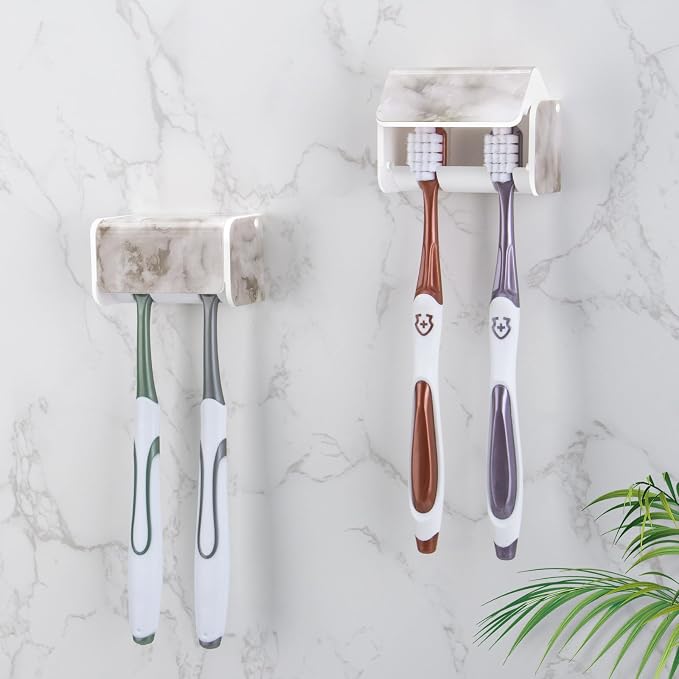2 PCS Toothbrush Holders Wall Mounted with Cover (2, White Marble) | Wall mounted, Detachable, Easy to clean, Breathable, 2 Slots Self Adhesive Toothbrush Organizer for Bathroom