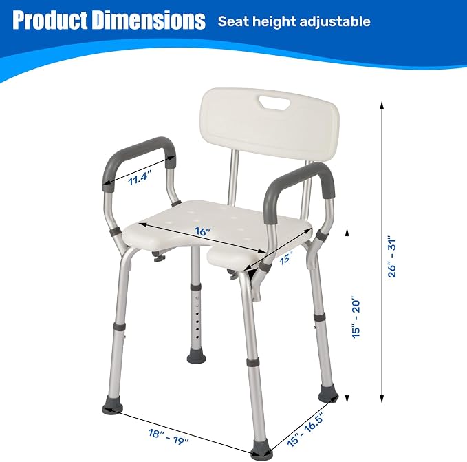 Shower Chair with Arms and Back, 330lbs Heavy Duty Bath Seat with U-Shaped Cutout, 21" Extra Wide Adjustable Shower Stool with 2 EVA Pads and Shower Head Holder, Tool-Free Assembly