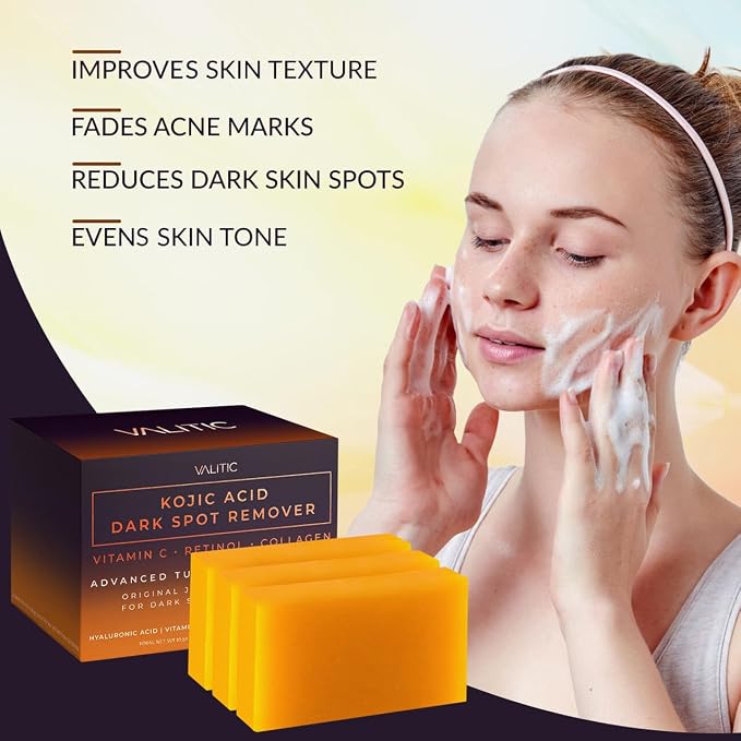 VALITIC Kojic Acid Dark Spot Corrector Soap Bars with Vitamin C, Retinol, Collagen, Turmeric - Original Japanese Complex - Hyaluronic Acid, Vitamin E, Shea Butter, Castile Olive Oil - 3 Pack With Bag