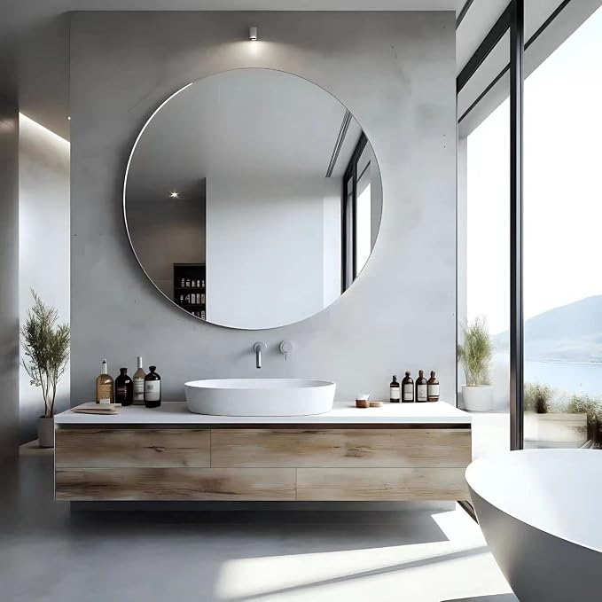 36" Round Frameless Wall Mirror with Beveled Edge | Circle Mirror for Bathroom & Vanity, Elegant & Simple Look