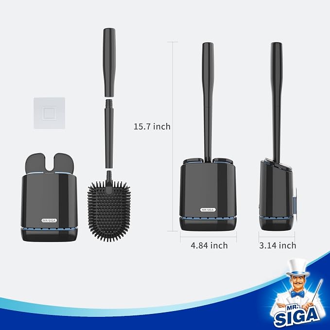 MR.SIGA Toilet Bowl Brush and Holder, Wall Mounted Toilet Brush, Black | Automatic lid design, sturdy handle, upgraded ventilation, flexible thermoplastic rubber head, easy to clean and dry quickly