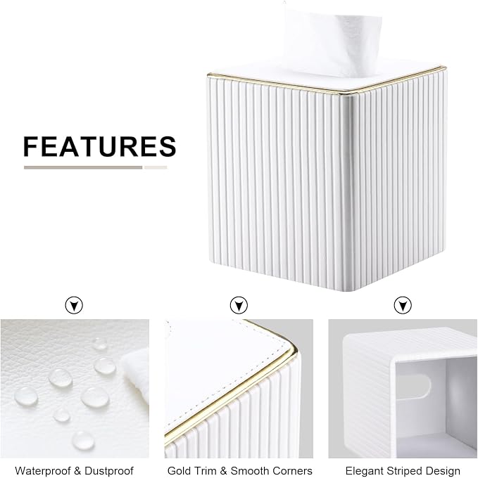 Tissue Box Cover, PU Leather Square Tissue Box Holder for Kleenexs with Magnetic Bottom Cover for Facial Tissues/Napkins, Office & Living Room Decor Box White