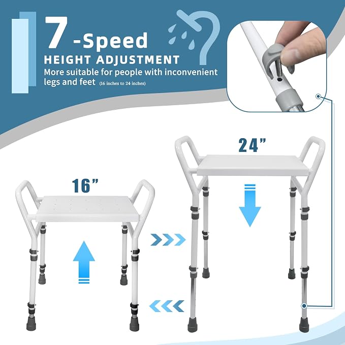 Shower Chair Seat with Arm for Inside Shower - Adjustable Up to 24 Inches Shower Stool with Suction Feet for Seniors, Elderly, Handicap & Disabled-Adjustable Support Shower Bench | Height adjusts from 16 to 24 inches, with dual armrests, suction feet a...