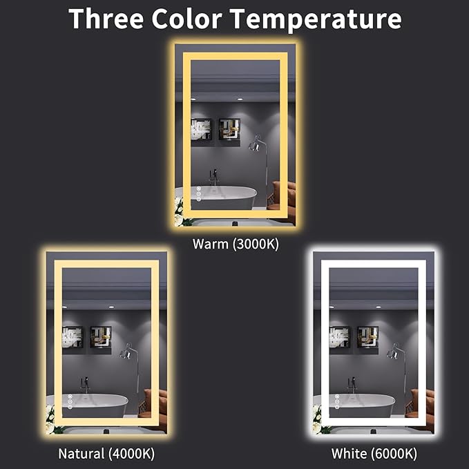 LOAAO 24"X36" LED Bathroom Mirror with Lights | Anti-Fog, Dimmable, 3 Color Temperature, Backlit + Front Lit, Memory Function, Tempered Glass, UL Listed