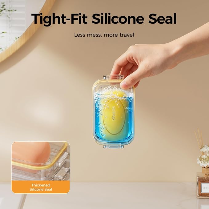 MOPMS Travel Soap Case, Leakproof with Clasps & Silicone Seal for Traveling | Soap Holder Travel Case with Drain Tray for Gym, Bathroom, Portable Travel Soap Container Fits Most Soaps, Durable PC, Clear