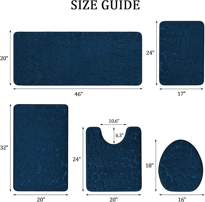 Bathroom Rugs Mat Set, Memory Foam Bath Mat 5 Piece Navy Blue | Non Slip, Water Absorbent, Washable, Bath Mat For Bathroom, Sink and Toilet