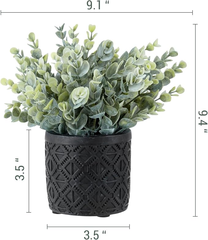 MyGift Black Artificial Eucalyptus Plant Gray Concrete Embossed Planter | Lifelike Leaves, Maintenance Free Accent, Contemporary Styling, Compact Décor, Natural Appearance, Easy Placement
