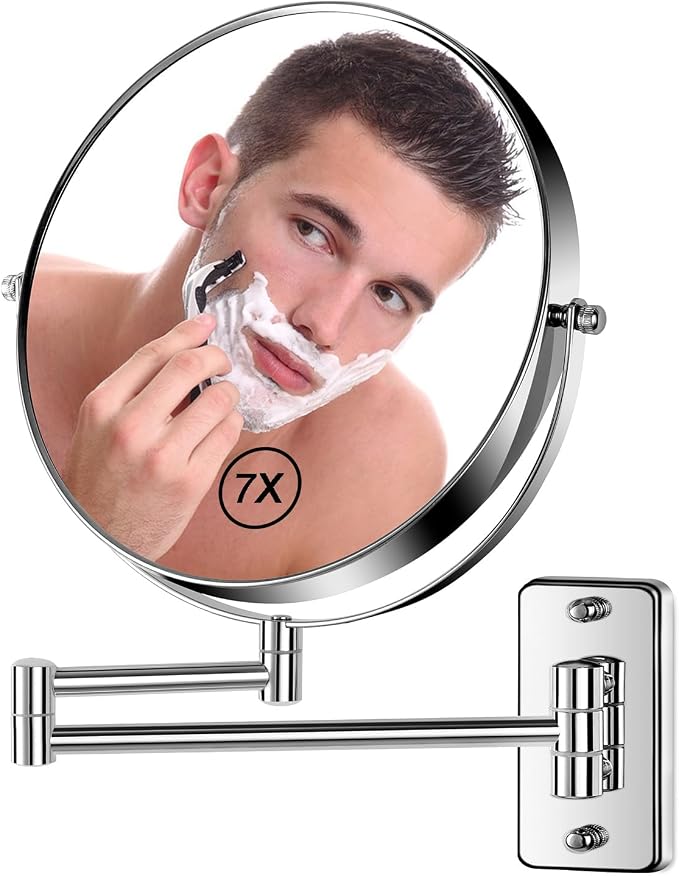 BTremary 8” Wall Mounted Magnifying Makeup Mirror 1X/7X Wall Mount Mirror Swing Arm Two-Sided 360° Swivel Bathroom Shaving Mirror for Men and Women in Hotel/Home, Chrome