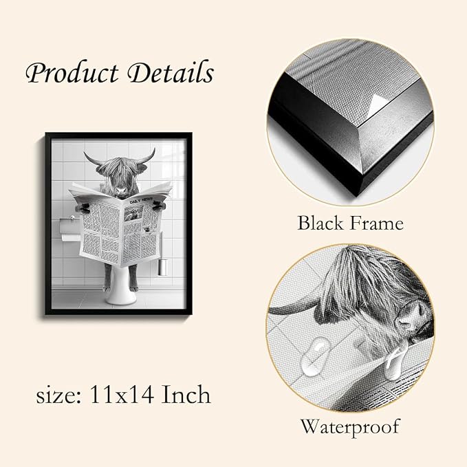 Ardakar Framed Bathroom Decor, Highland Cow Wall Art in Picture Frame, Funny Bathroom Wall Art Signs, Black and White Canvas Print Ready to Hang (Framed,11''x14'')