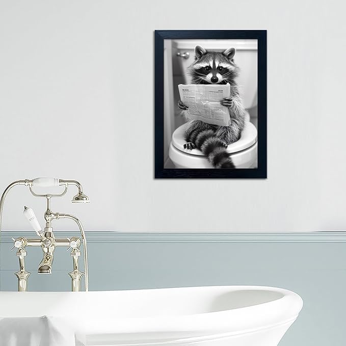 Raccoon Bathroom Wall Art Decor Black and White Funny Animal Wall Decor Cute Raccoon on Toilet Canvas Picture Farmhouse Prints Painting Framed Kids Room Decoration