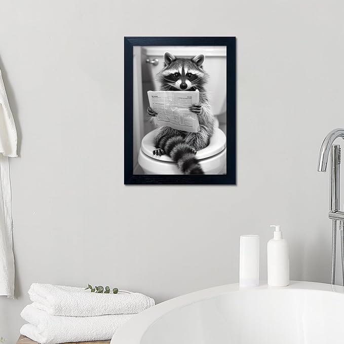 Raccoon Bathroom Wall Art Decor Black and White Funny Animal Wall Decor Cute Raccoon on Toilet Canvas Picture Farmhouse Prints Painting Framed Kids Room Decoration