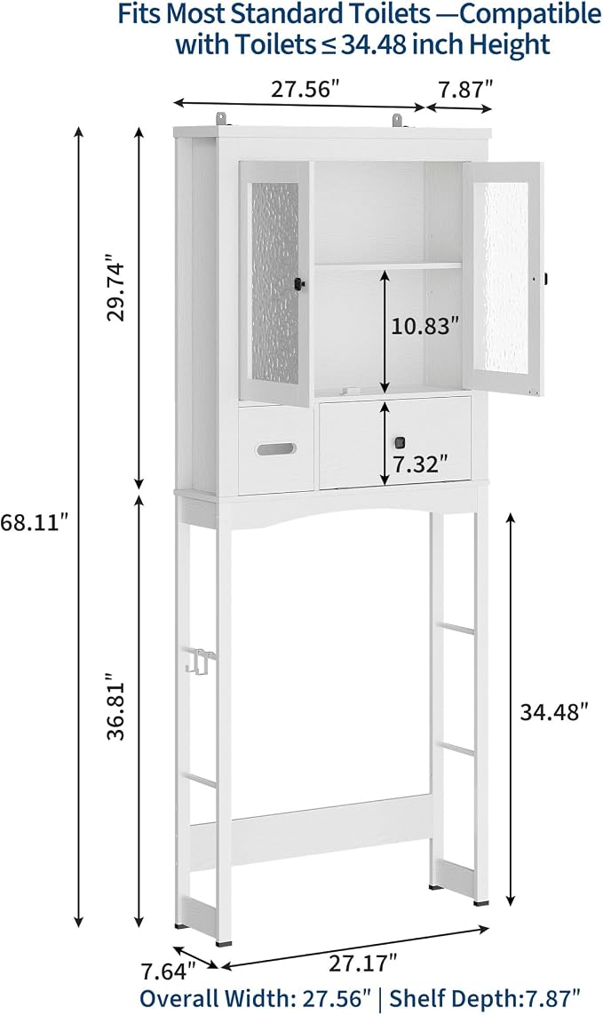 Garvee Over-The-Toilet Storage Rack, Vintage Bathroom Organizer | MDF Shelves & Steel Frame, Space-Saving Toilet Shelf for Small Bathrooms, Bathroom Cabinet for Towels & Toiletries, White