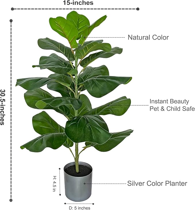30.5" Little Artificial Fiddle Leaf Fig Tree/Faux Ficus Lyrata for Home Office Decoration, Ships in Silvery Gray Planter