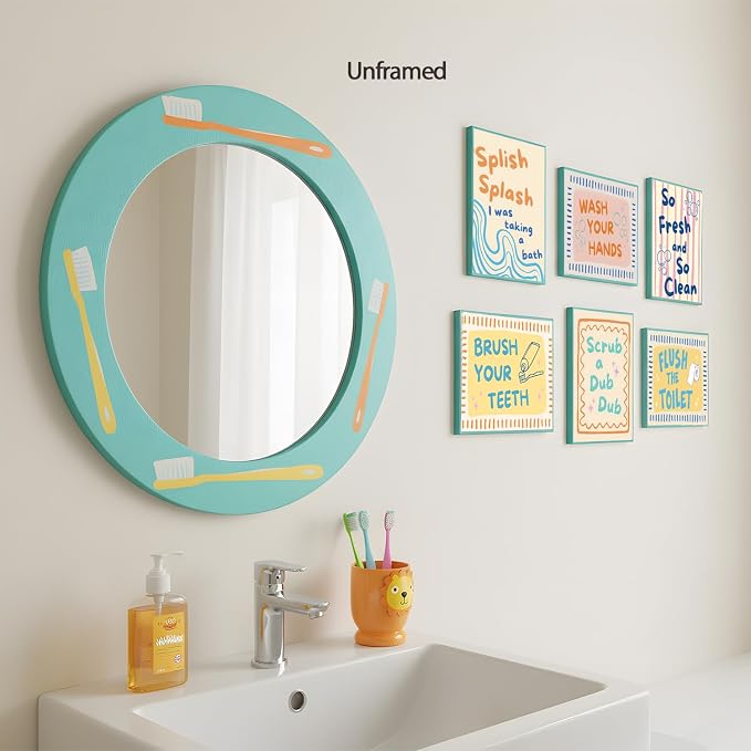 Funny Kids Quotes Bathroom Poster Set 6, Cute Wash Your Hands Toddler Sign Wall Art Trendy Modern Children Toilet Wall Art Quirky Nursery Washroom Decor Canvas Picture Prints 8x10 inch Unframed
