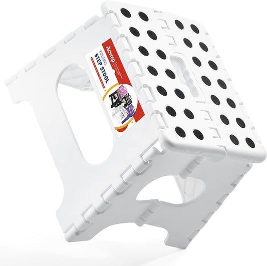 Collapsible Step Stool 7.5 Inch, Small Folding Stool, 176 lbs, White | Lightweight Foldable Step Stool for Kids and Adults with Handle, for Kitchen, Bathroom, Car, and Compact Home Storage