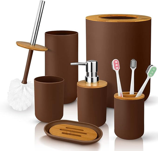 Bathroom Accessory Set, 6 Pcs Bathroom Essential Includes Toothbrush Holder, Toilet Brush with Soap Dispenser, Toothbrush Cup, Soap Dish, Trash Can (Brown, Bamboo)