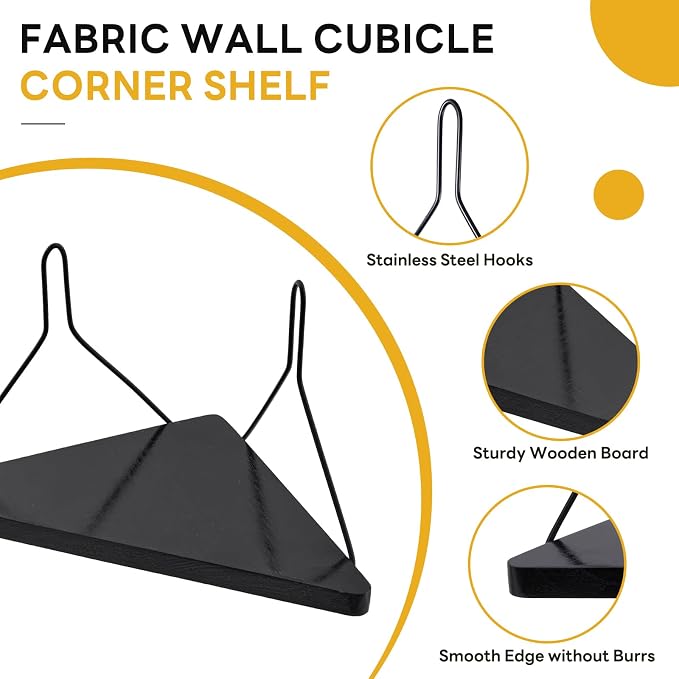 Fabric Wall Cubicle Corner Shelf with Hooks 11.8 Inch Wooden Triangular Cubicle Corner Shelf for Office Fabric Walls Display Storage Hanging Organizer for Work Decor Small Planter(Black，1 PCS)