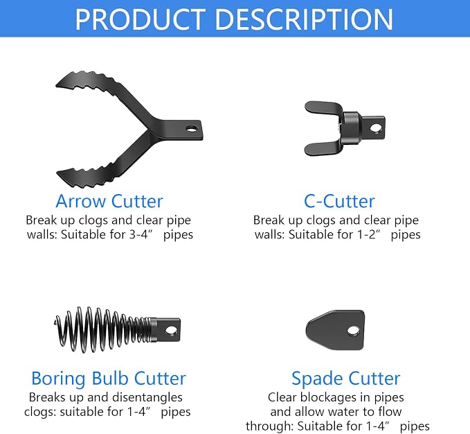 4-Piece Drain Snake Attachment Replacement Cutters-Boring Bulb Cutter,C-Cutter,Spade Cutter,Arrow Cutter-Compatible with 50FT-100FT Drain Snake for 1-4“ Pipe