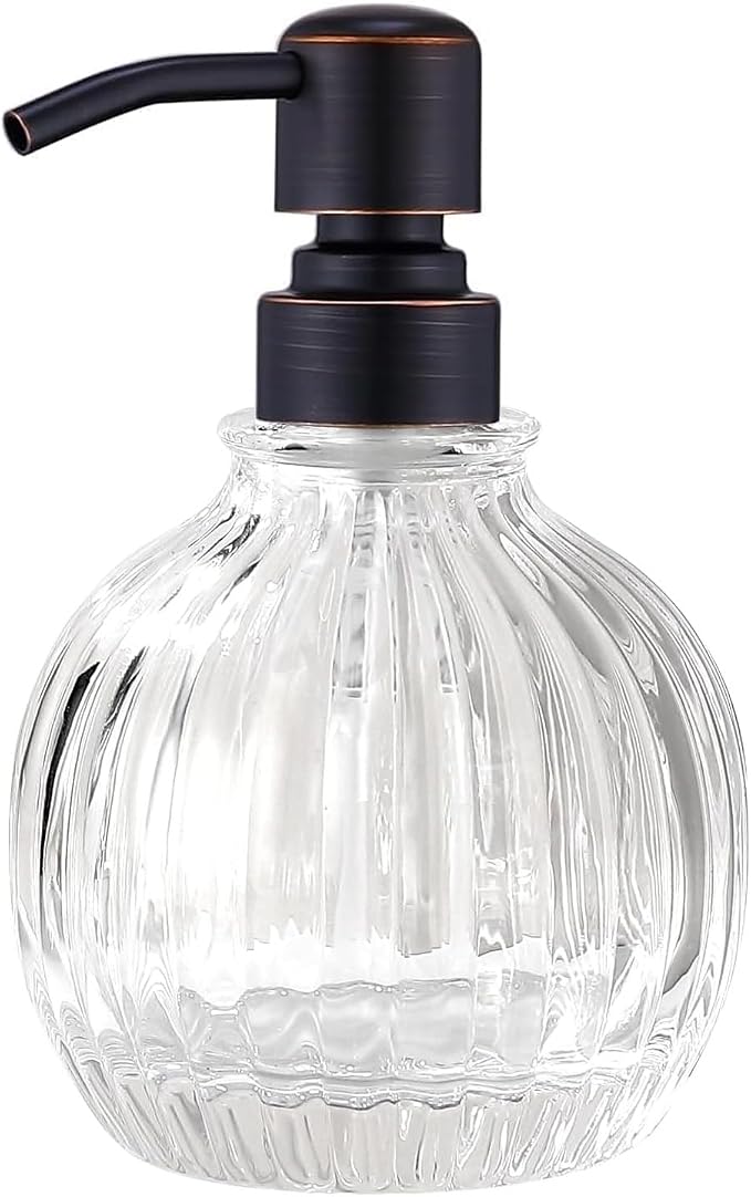 Round Soap Dispenser Bathroom with Oil Rubbed Bronze Pump, Glass Bottle with Stainless Steel Pump Liquid Sphere Soap Dispenser Circular Countertop Kitchen