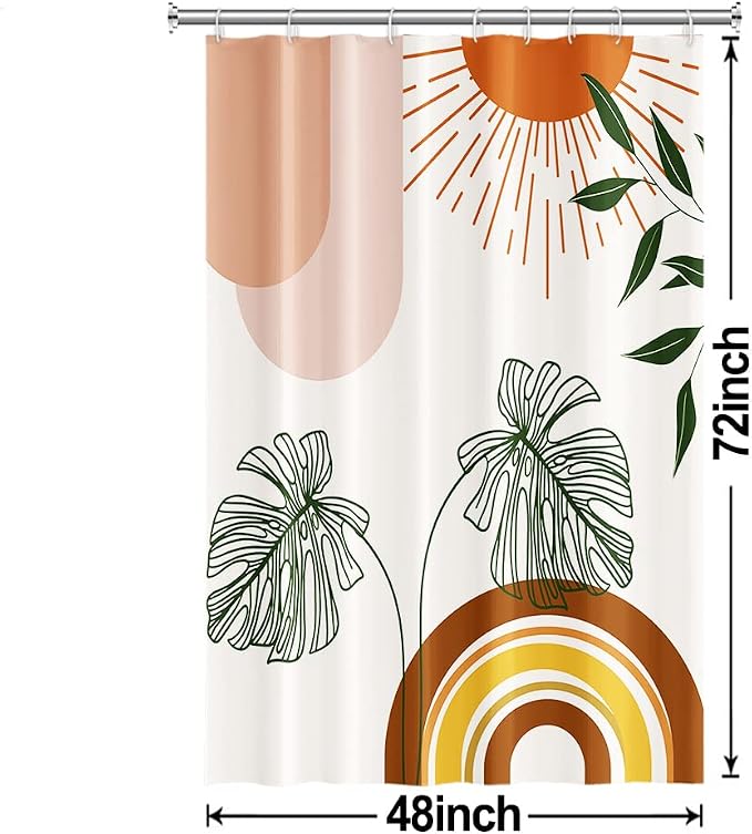 Boho Orange Stall Shower Curtain with Hooks 48x72 Inch | Waterproof Small Mid Century Abstract Green Leaves Bathroom Curtain for Shower Stall, Machine Washable